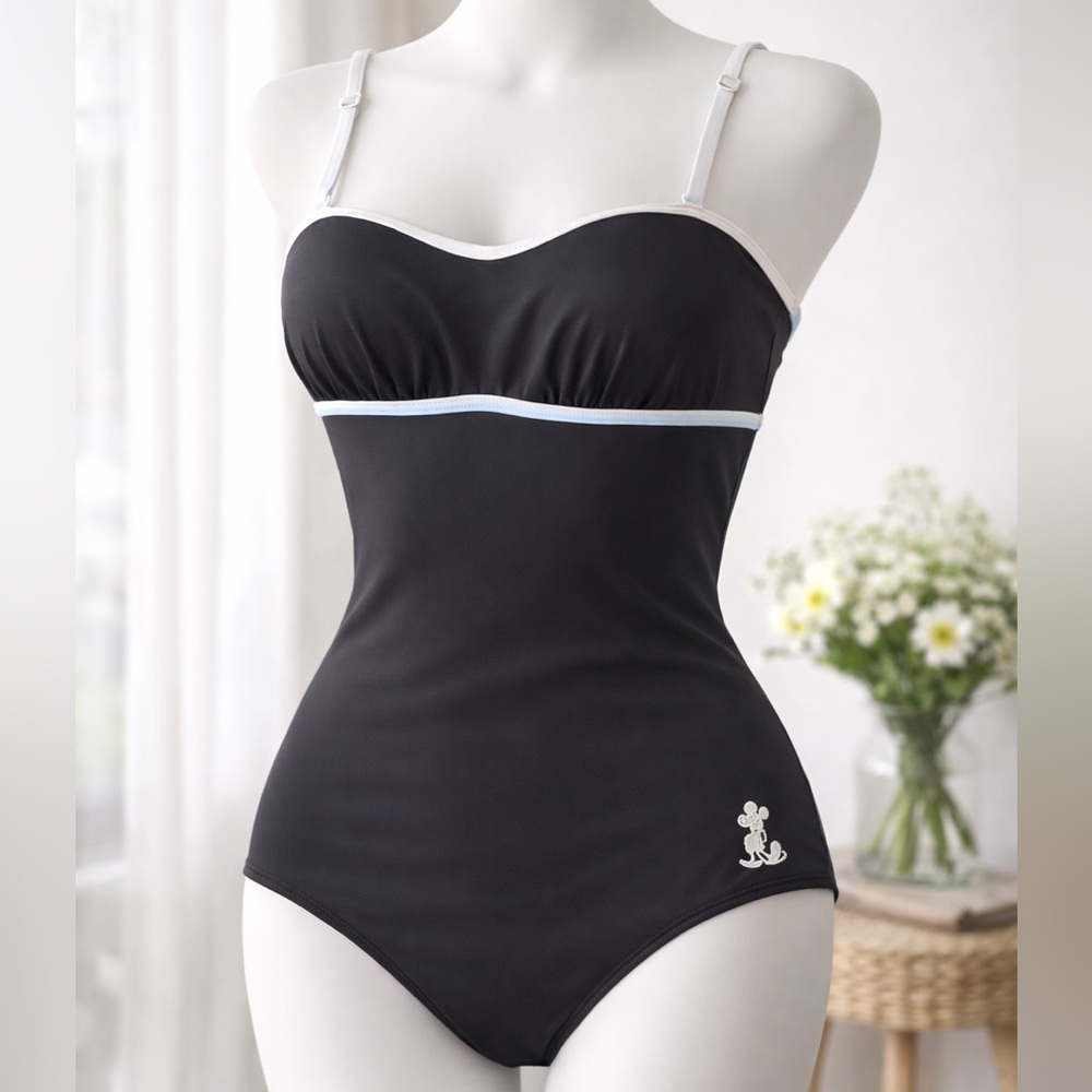 Disney Parks Black White One Piece Swimsuit Mickey Embroidery cutout Size XL